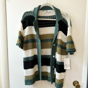 NWT Zara Oversized Knit Polo Sweater Short Sleeve Button Down Stripe Green S/M